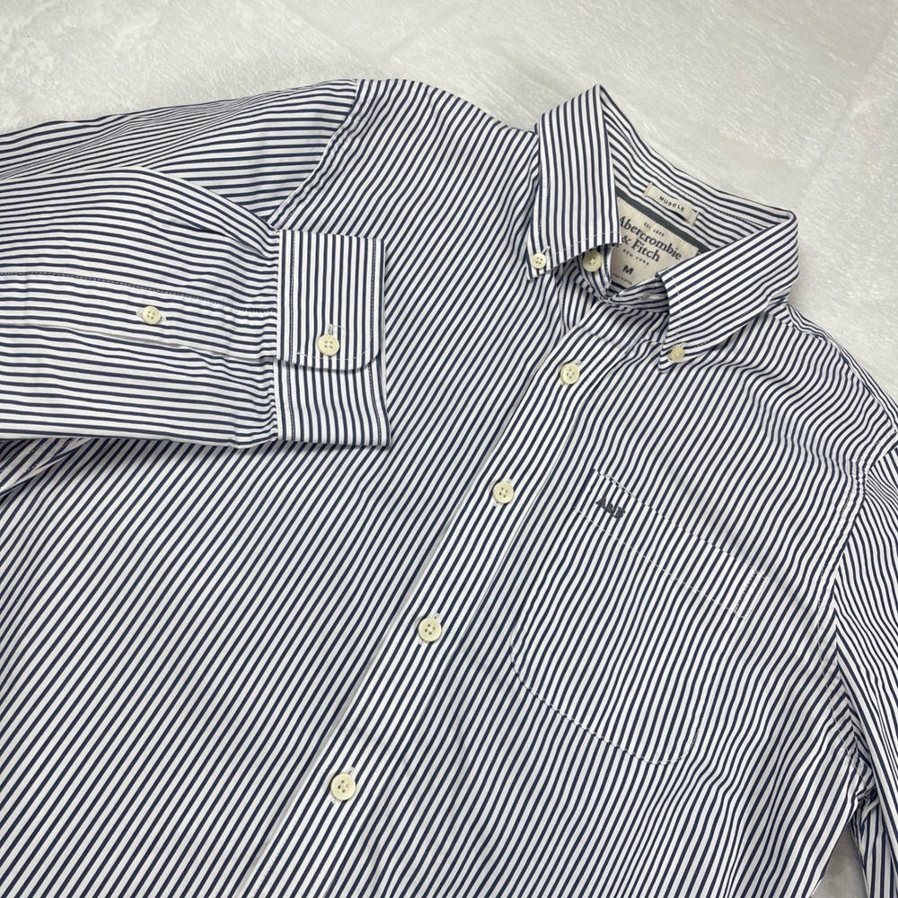 Abercrombie & Fitch Mens Muscle Fit Striped Button Down Shirt Navy White Medium